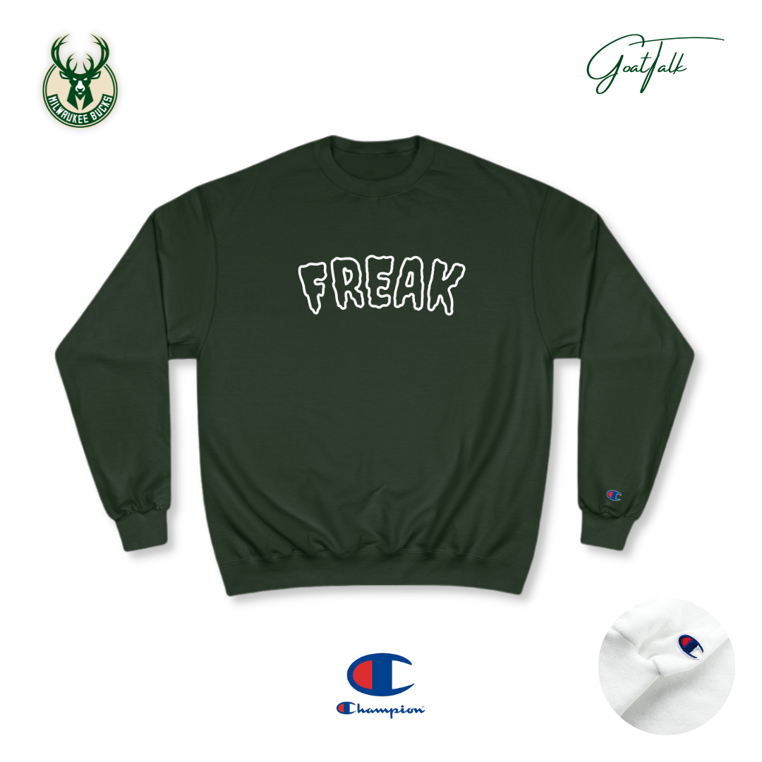 Giannis "FREAK" Champion® crewneck sweatshirt. Milwaukee Bucks NBA clothing and Apparel | goattalksports.com